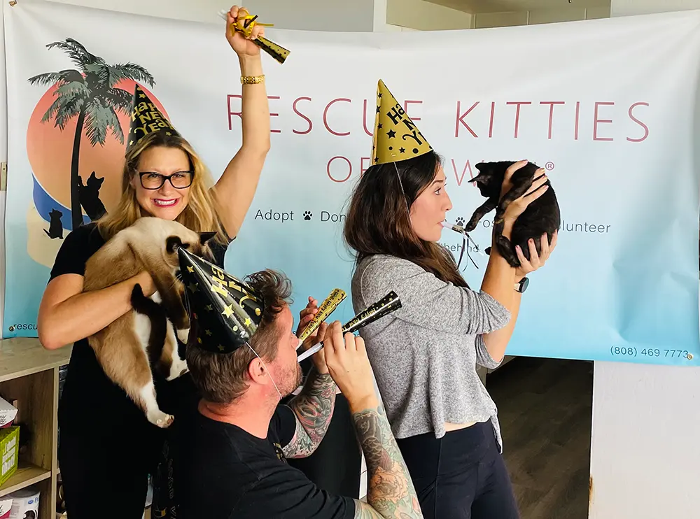 Volunteers celebrating with cats in front of the rescue banner