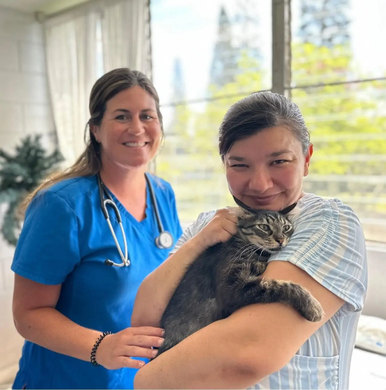 A veterinarian and a volunteer holding a rescued tabby cat